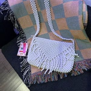 Bouffants & Broken Hearts beaded white fringe crossbody purse